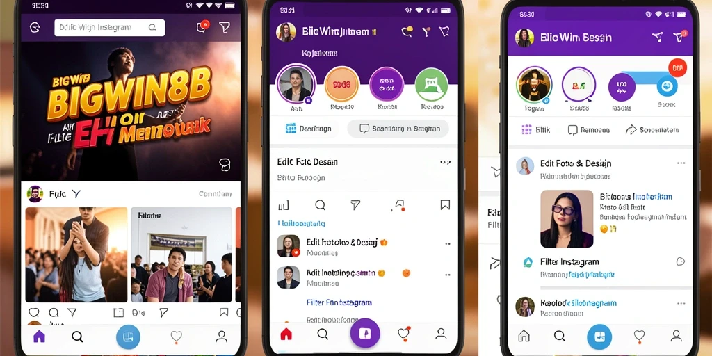 Antarmuka pengguna aplikasi BIGWIN88 menampilkan banyak filter Instagram.