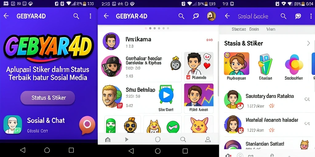 Tampilan antarmuka GEBYAR4D dengan berbagai pilihan stiker kreatif.